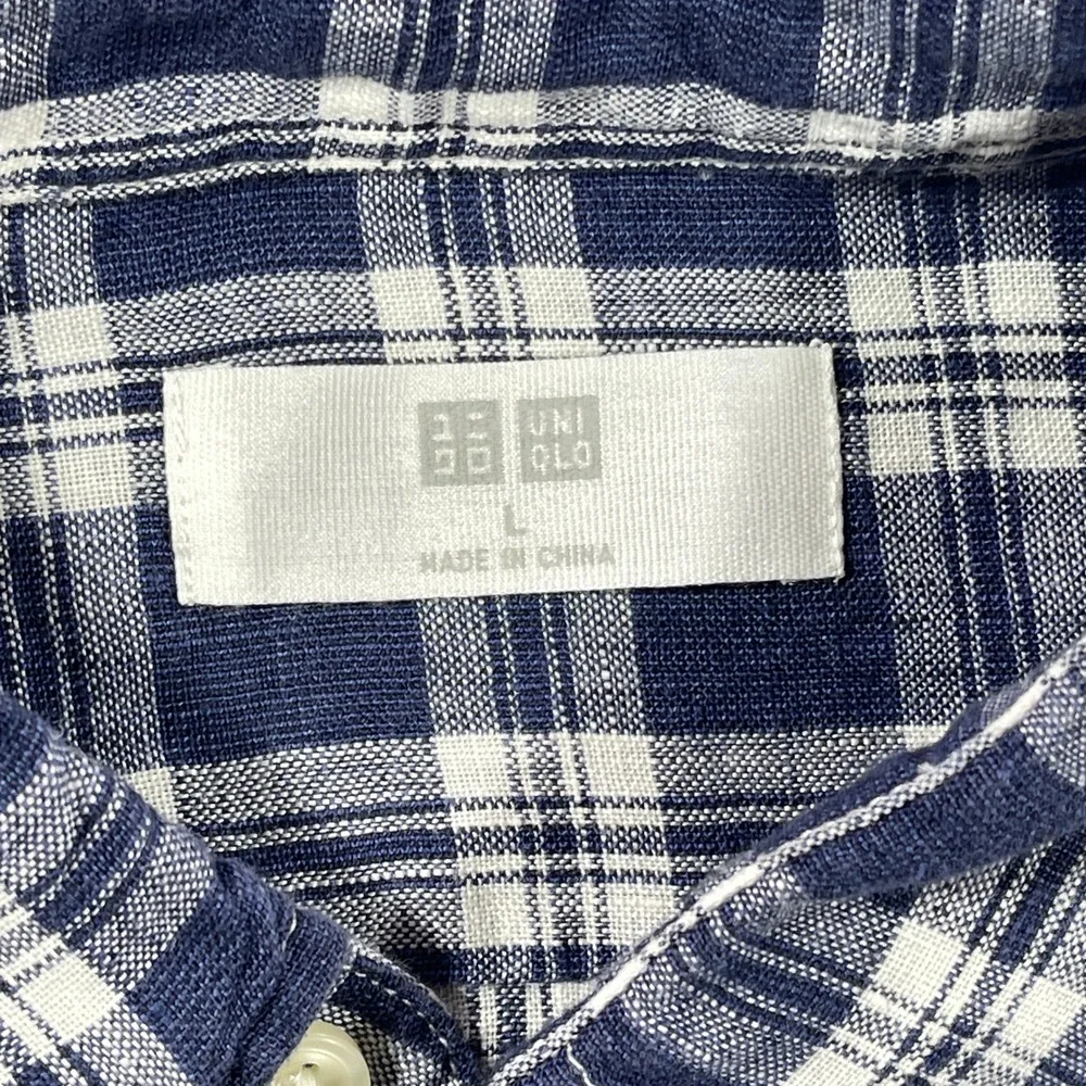 Uniqlo Button Up Shirt Mens Large Blue Plaid 100% Linen Long Sleeve Pocket‎